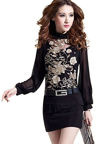 ワンピース ドレス レース シースルー ホルターネック 刺繍 セクシー ゴージャス カジュアル キュート エレガンス レディース 秋物 冬物 可愛いスカーフ付き R577