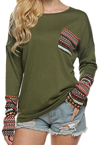 POGT Women Long Sleeve O-Neck Patchwork Casual Loose T-shirt Blouse Tops (XXL, Army Green)
