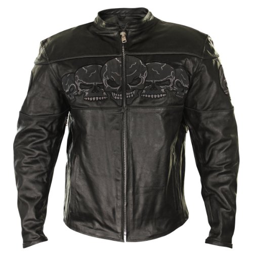 XelementXelement BXU6050 Men's '3 Skull Head' Black Leather Motorcycle Jacket with X-Armor Protection - 4X-Large
