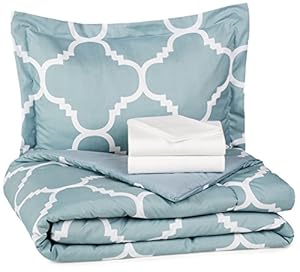 AmazonBasics 5-Piece Bed-In-A-Bag - Twin/Twin XL, Dusty Blue Trellis