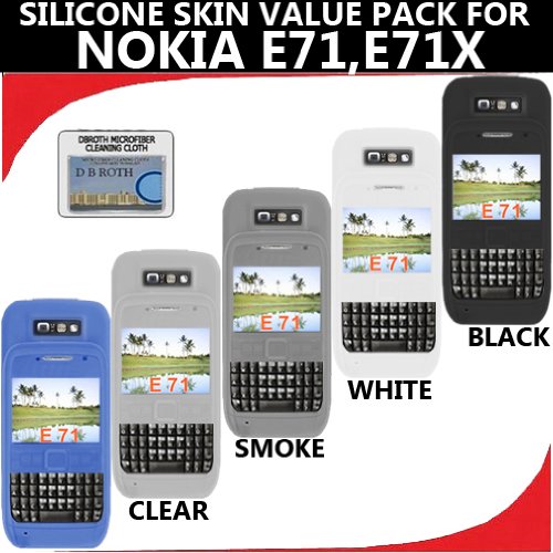 Silicone Skin 5 pc. Value Pack for your Nokia E71, E71x (Black, Blue, White, Clear, Smoke) Bonus DBRoth Microfiber Cleaning Cloth Included