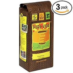 Pura Vida French Roast Whole Bean Coffee, 12-Ounce Bags (Pack of 3)