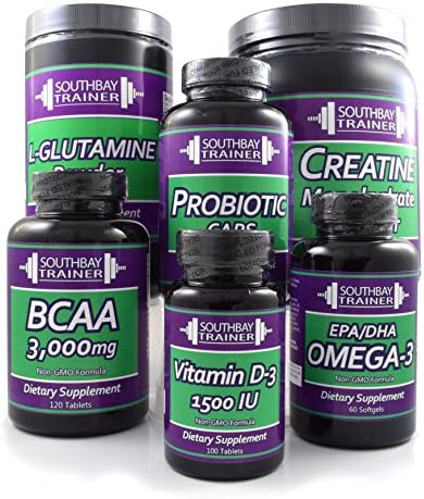 South Bay Trainer Multi-Supplement Mega Pack - Creatine, BCAA, Vitamin D3, Probiotics, L-Glutamine, Omega 3