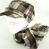 PLAID SQUARE JUNIOR NEWSBOY CABBIE HAT SCARF SET BROWN SMALL MEDIUM