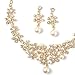 Gold Crystal Flower Shape Chain Necklace with Pearls & Matching Dangle Earrings Jewelry Set