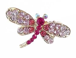 Hair Clip - H12 - Crystal Dragonfly - Med Size (1-5/8"x 1") - Alligator Clip Style ~ Pink and Clear on Goldtone Metal