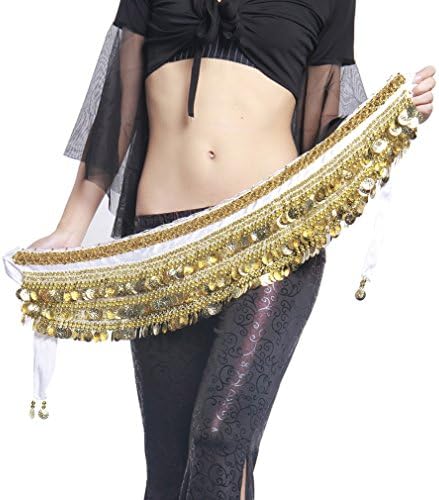 UPRIVER Women's Velboa Sequins and Coins Deco Ringing Belly Dancing Hip Scarf Waist Belt White