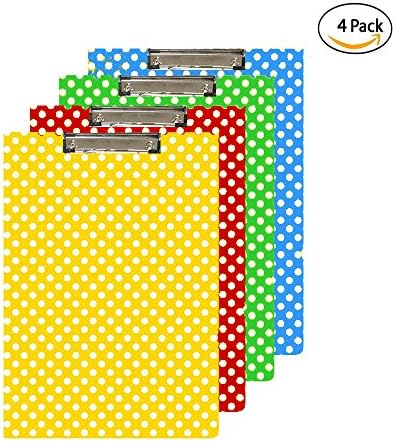 4 Pack, Standard Size Polka Dot Light Weight Paperboard Clipboard With Low Profile Clip (Colors May Vary)