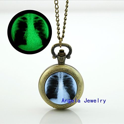 Pretty Lee Fashion The Chest Bone Glowing Pocket Watch Necklace Glass Cabochon Jewelry Glow in the Dark