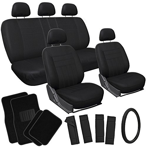 OxGord 21pc Solid Black Flat Cloth Seat Cover and Carpet Floor Mat Set for the Mitsubishi Galant Sedan, Airbag Compatible, Split Bench, Steering Wheel Cover Included
