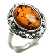 Certified Genuine Honey Amber and Sterling Silver Classic Ring
