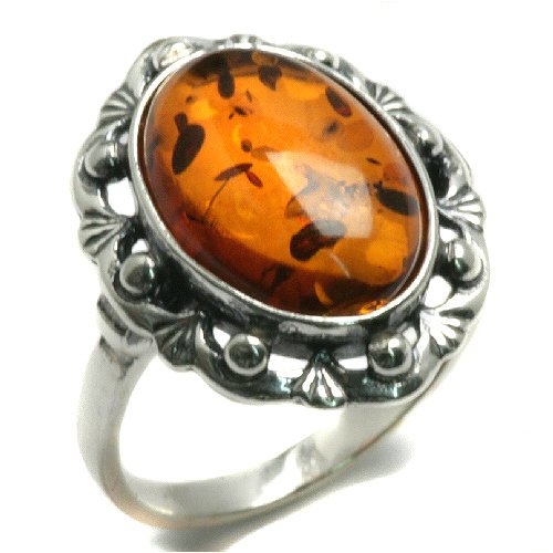 Certified Genuine Cognac Amber and Sterling Silver Classic Ring