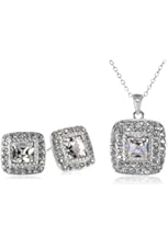 Sterling Silver White Swarovski Elements Crystal Square Stud Earrings and Pendant Necklace Jewelry Set