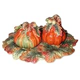 Spode Harvest Pumpkin Salt And Pepper Set With Leaf Tray