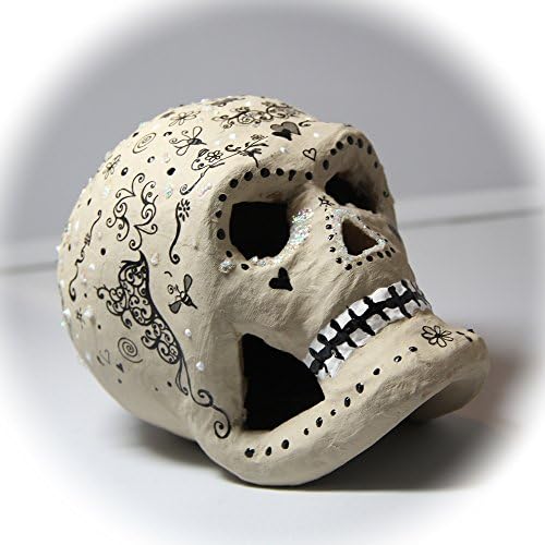 Handmade Original Paper Mache Skull Clay/Black