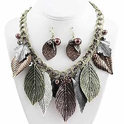 Tri Tone Large Leaf Necklace and Earrings Set