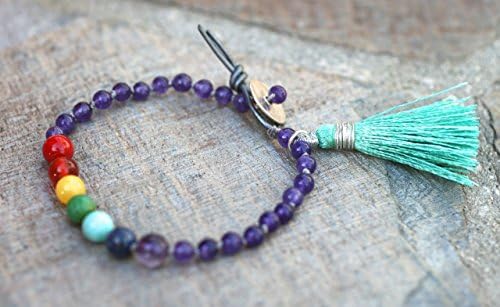 7 Chakra Gemstone Hand Knotted Grey Silk Cord Sterling Silver Button and Seafood Green Silk Tassel Charm Bracelet