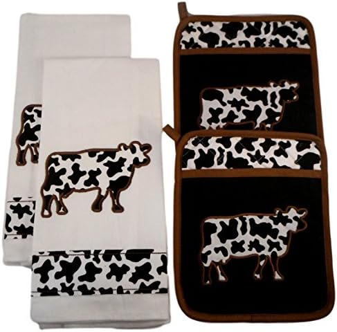 Black and White Cows Kitchen Linens Bundle - Four Items: Two Cotton Dish Towels and Two Pot Holders (White Towels with 2 Pot Holders)