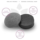 Facial Konjac Sponge + Charcoal Soap with Jojoba & Rosehip Essential Oils in Gift Box ♥ With Activated Bamboo Charcoal ♥ Deep Cleansing ♥ Gentle Exfoliation ♥ 100% Natural ♥ Money Back Guarantee