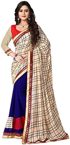 Beige & Royal Blue Georgette Embroidered Half & Half Saree