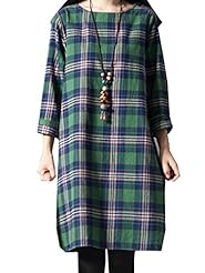 Checkered Print Plaid Print Cotton/Linen  Dress