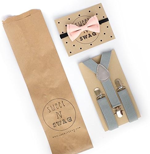 SUSPENDER &amp; BOW TIE Set. Sweetnswag Blush Pink Bow tie with Light Grey Elastic Suspenders. Infant - Adult. Photography prop, Weddings.
