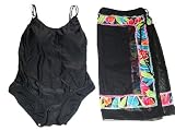 Womens Plus Size Black One Piece YBL Swimsuit w Matching Tropical Wrap