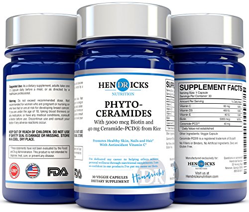 Advanced Phytoceramides Supplement for Hair, Skin, & Nails with Patented Ceramide-PCD® - 30 Capsules - All-Natural, Plant-Based, Physician Formulated - Derived from Rice from Japan - Anti-Aging Formula with Vitamins C, D3, & E plus Biotin - No Wheat, Gluten Free, Non-GMO - Manufactured in an FDA Approved GMP Certified Laboratory, Made in the USA and Formulated by Dr. Hendricks