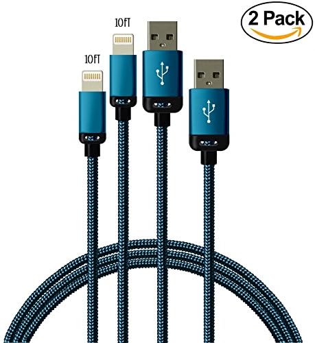 Winky(TM) 2Pack 10FT Extra Long Nylon Braided 8Pin to USB Power Cable Cord with Aluminum Heads for iPhone 6/6s/6 Plus/6s Plus/5/5c/5s, iPod Nano 7 iPod Touch 5 (2x10ft Blue)
