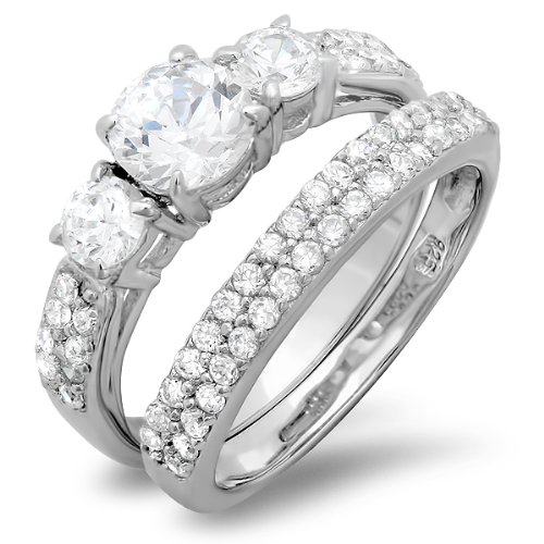 2.15 CT Sterling Silver 3 stone Ladies Round cut Cubic Zirconia CZ Wedding Bridal Engagement Ring with Matching Band Set