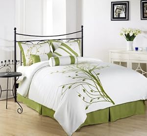 Chezmoi Collection 7 Pieces Green Tree On White Comforter Set Bed-in-a-bag For Queen Size Bedding