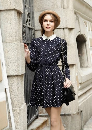 ドット柄 ネイビー シャツワンピース 水玉 シフォン ワンピース ドレス チュニック 美脚 スカート ブラウス バスト オールインワン コンビネゾン シャツブラウス チュニックシャツ セットアップ カジュアル レディース 春物 夏物 可愛いスカーフ付き T-195