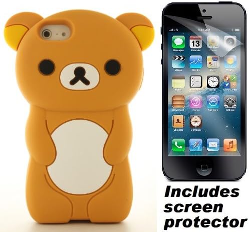 Brown White 3D Teddy Bear Soft Silicone Gel Skin Cover Case & Screen Protector for Apple iPhone 5
