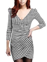 V-neck Long Sleeves Wrap Houndstooth Print Polyester Mini Dress 