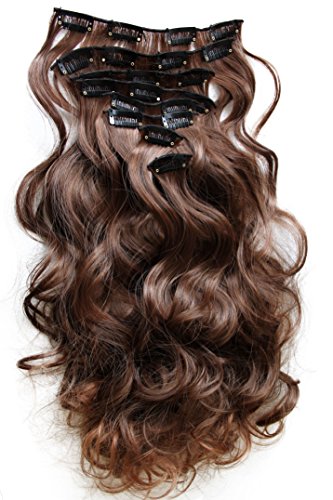 PRETTYSHOP XXL Set 8 pcs 24" Clip In Hair Extensions Full Head Hairpiece Wavy Curled Or Straight Heat-Resisting Div. Colors (brown mix curled #4T30 CES12-1)
