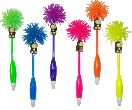 Inkology Lil Funky Munkey Pet Novelty Ball Point Pens, Medium Point, Black Ink, 4 Assorted Colors, 6 Pens per Pack (145-4)