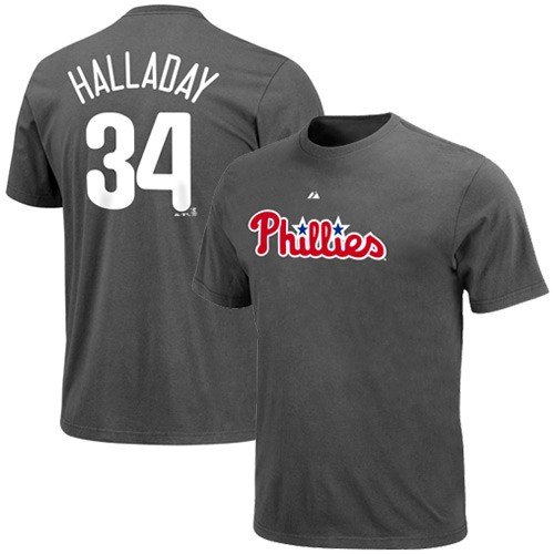 Majestic Philadelphia Phillies #34 Roy Halladay Charcoal Player T-shirt (Small)