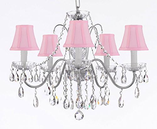 Hamilton Home Daniele Collection Chrome Finish Crystal Chandelier Lighting Chandliers with Pink Shades - Good for Dining Room, Foyer, Entryway