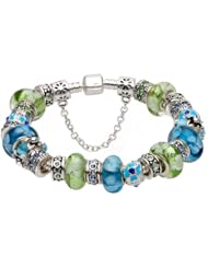 Blue and green murano glass beads blue flower charm complete beaded silver plated bracelet compatible with Pandora style jewelry