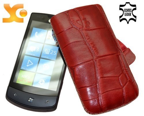Suncase Ledertasche (Lasche mit R&uuml;ckzugfunktion) f&uuml;r LG E900 Optimus 7 croco-rot Preisvergleich