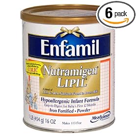 Enfamil Nutramigen Lipil Hypoallergenic Infant Formula Powder, Iron Fortified, 16-Ounce Canisters (Pack of 6)