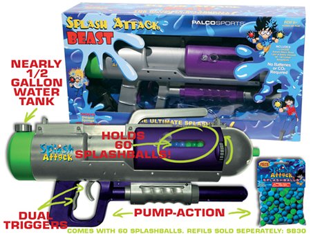 SPLASH ATTACK BEAST Water Cannon/ Splashball shooter, Silver/Purple/Green