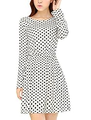 A-line Round Neck Polka Dot Print Elasticized   Waistline Long Sleeves Polyester Mini Dress 