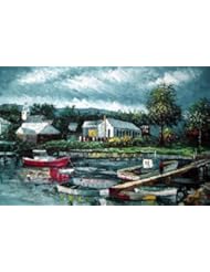Boats, Canoe Park on Port Large Oil Painting 24x36 Inch, Unstretched/Unframed