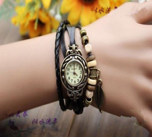Jim Vintage Trial Order New Quartz Black Leaf Weave Wrap Around Leather Bracelet Lady Woman Wrist Watch