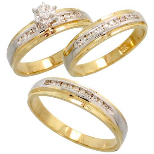 14k Gold Trio 3-piece His (4.5mm) & Hers (4.5mm) Wedding Band Set w/ Rhodium Accent, w/ 0.42 Carat Brilliant Cut Diamonds; (Men's Size 9 to 12; Ladies' Size 6 to 8)