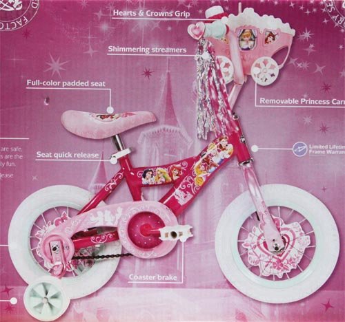 New Disney Princess 12 Inch Bike for Girls - Pink Color with Glimmering & Sparkling Streamers and Doll Carriage Included