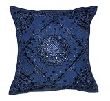 Attractive Design Beautiful Look Cotton Cushion Pillow Cover with Lace, Hand Embroidery & Charming Mirrors Work Blue Color Cushion Cover Throw Pillow Cover Comforter Sets India (Size 16x16) (2 Pcs)