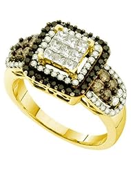 1.00 Carat (ctw) 14k Yellow Gold Round & Princess Cut White, Brown & Black Diamond Ladies Cocktail Invisible Ring