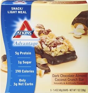 Atkins Advantage Dark Chocolate Almond Coconut Crunch Light Meal Bar,1.4 oz. Bars, 5 Count